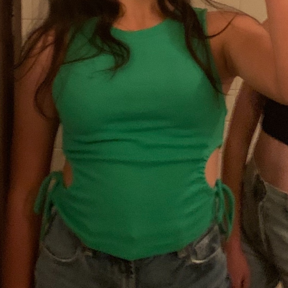 Zara Green Sleeveless Ruched Tank Top